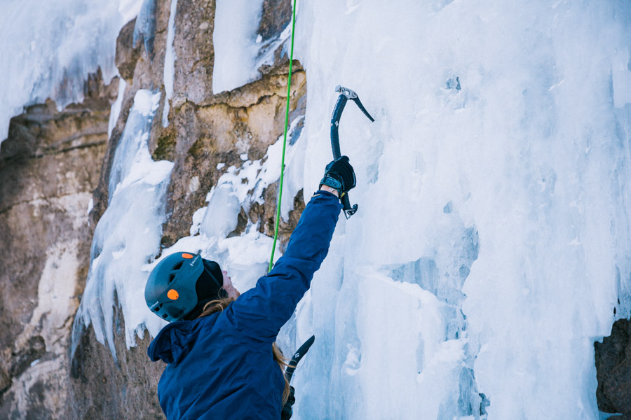 A WSU student goes ice climbing at Sugar Loaf in Winona, MN.